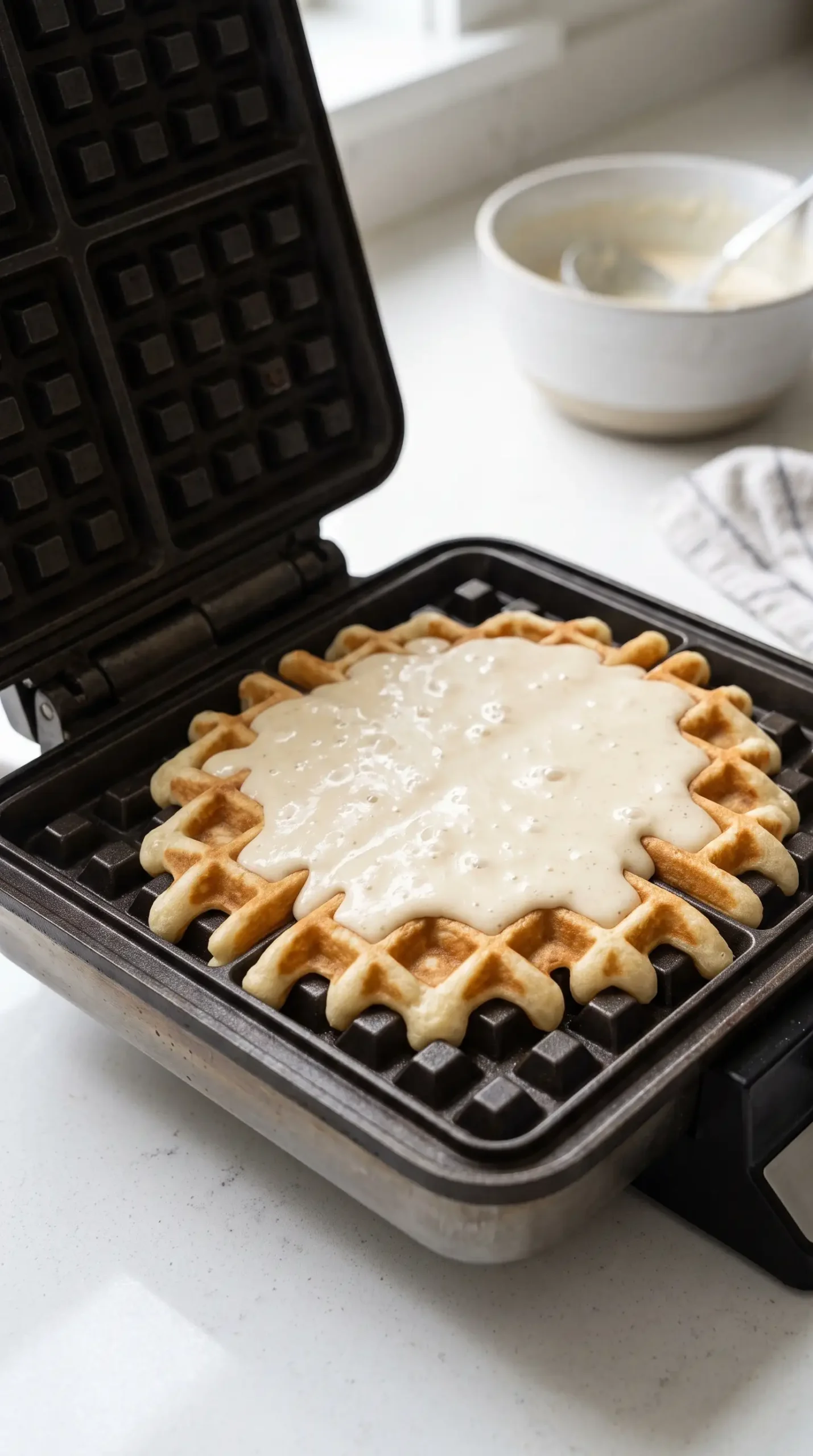 Waffle iron cooking batter into a golden patterned homemade waffle