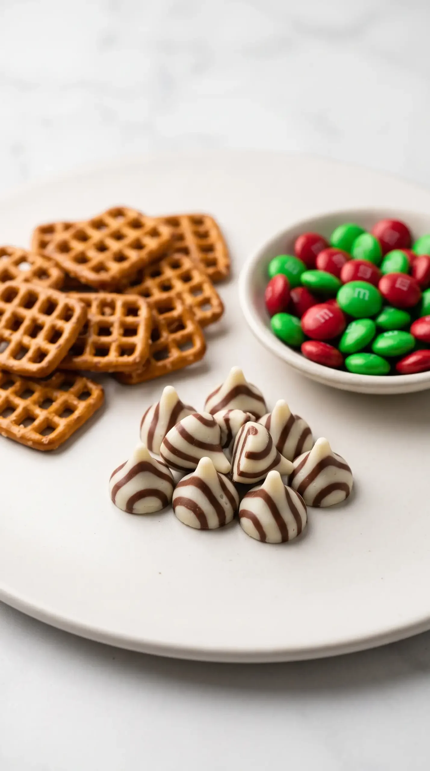 Waffle pretzels, chocolate Hugs candies, and red and green candy centers for holiday pretzel bites