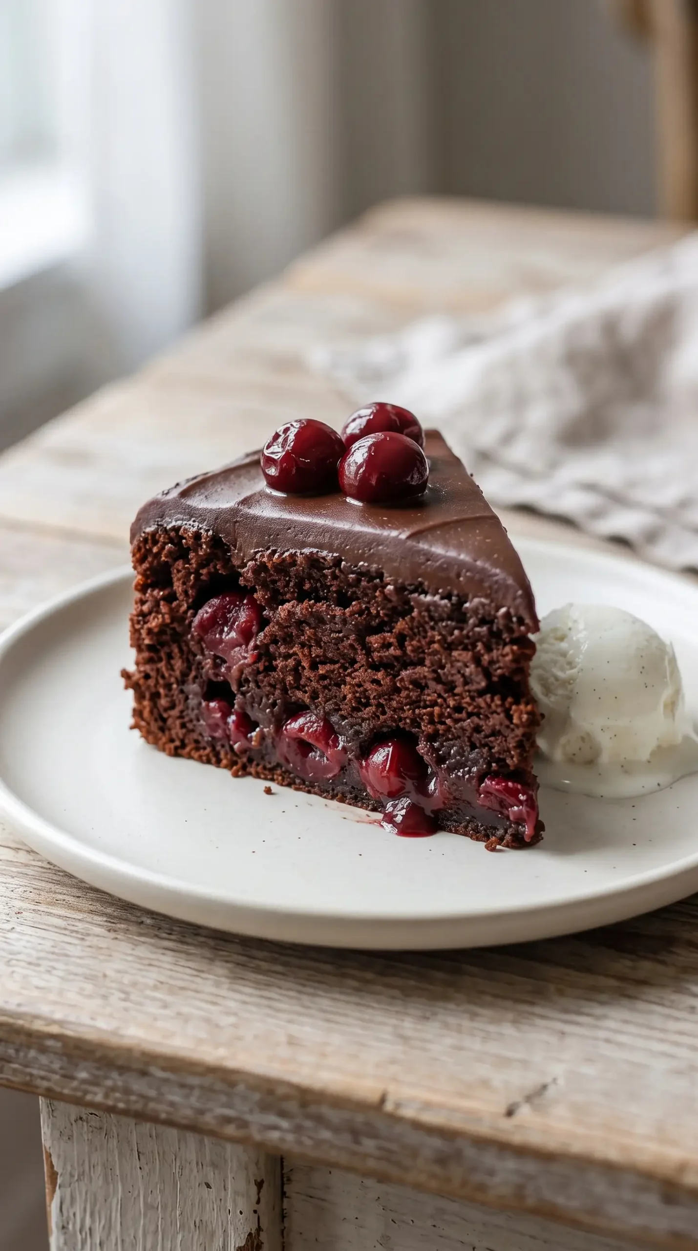 Warm chocolate cherry fudge cake slice served with vanilla ice cream