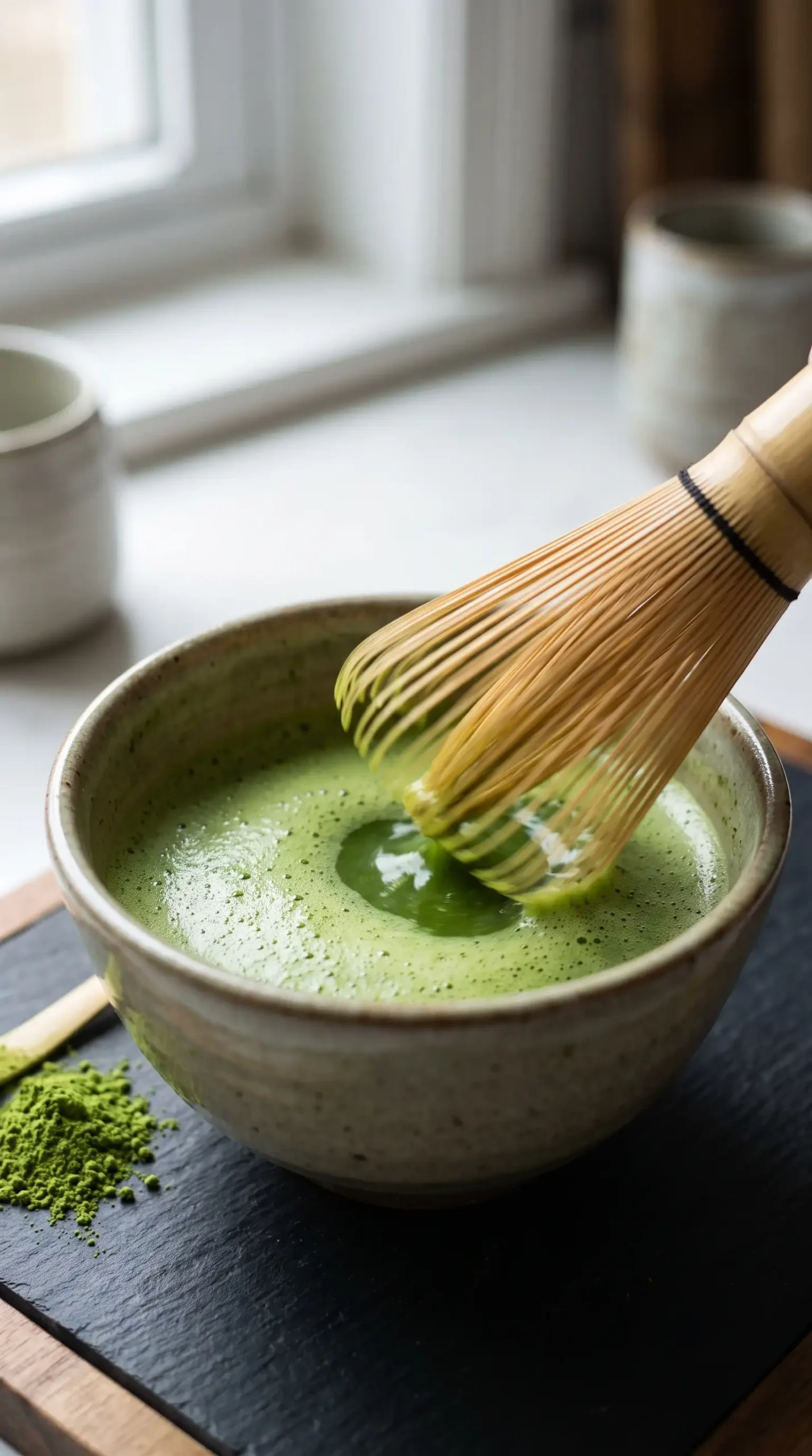 Bamboo whisk mixing green matcha liquid in a ceramic bowl to create froth