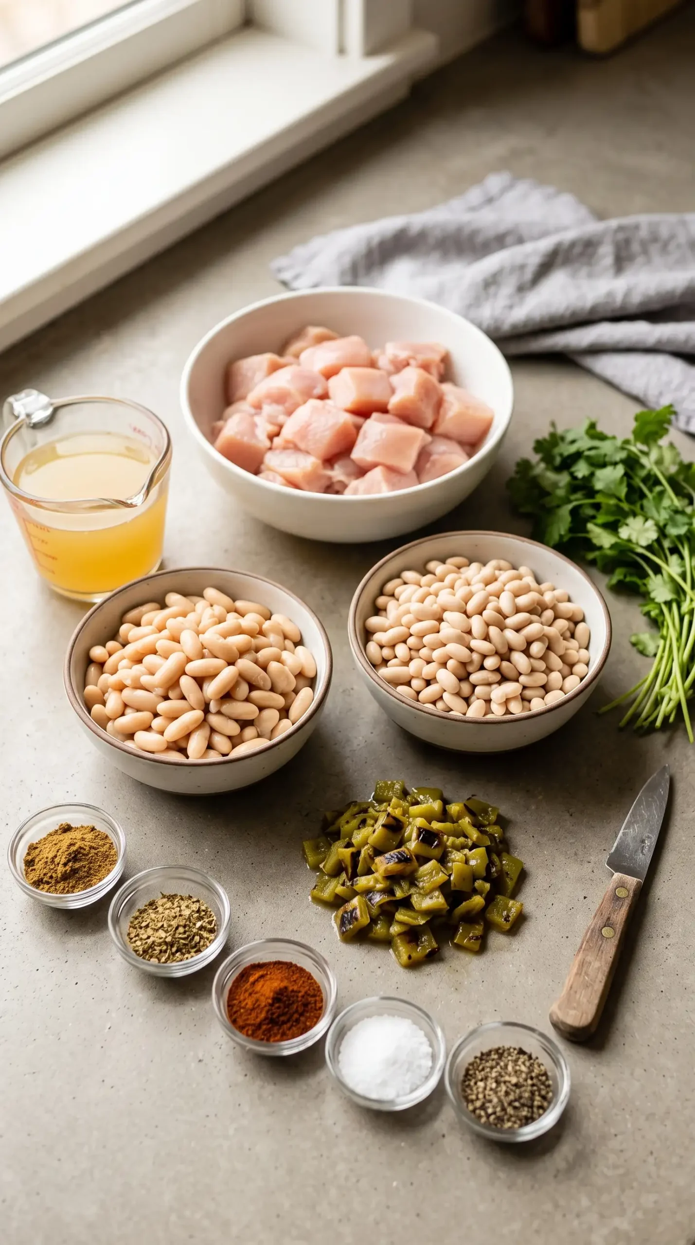 Ingredients for white chicken chili with chicken, white beans, green chiles, and spices
