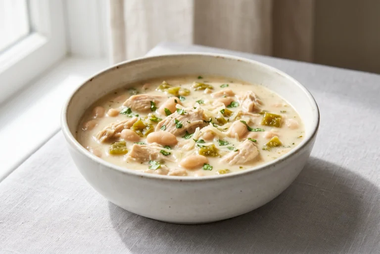Bowl of creamy white chicken chili with chicken pieces, white beans, and green chiles