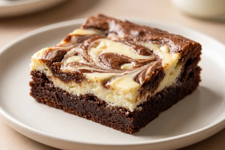 White chocolate brownies with creamy cheesecake swirl on a plate