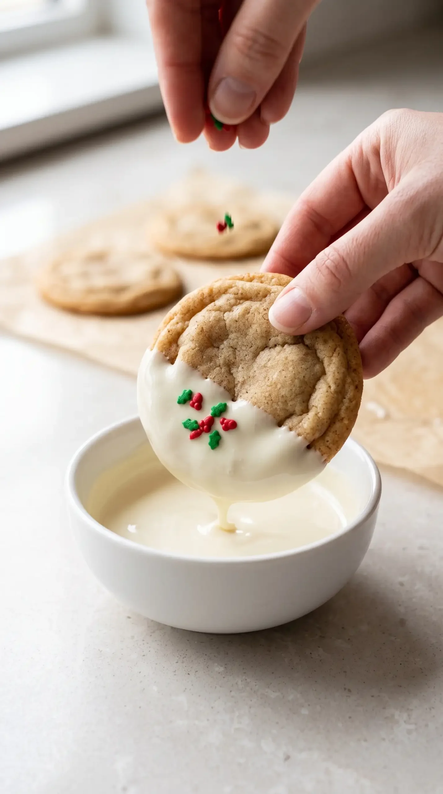 Maple cinnamon cookie dipped in melted white chocolate and topped with holiday sprinkles