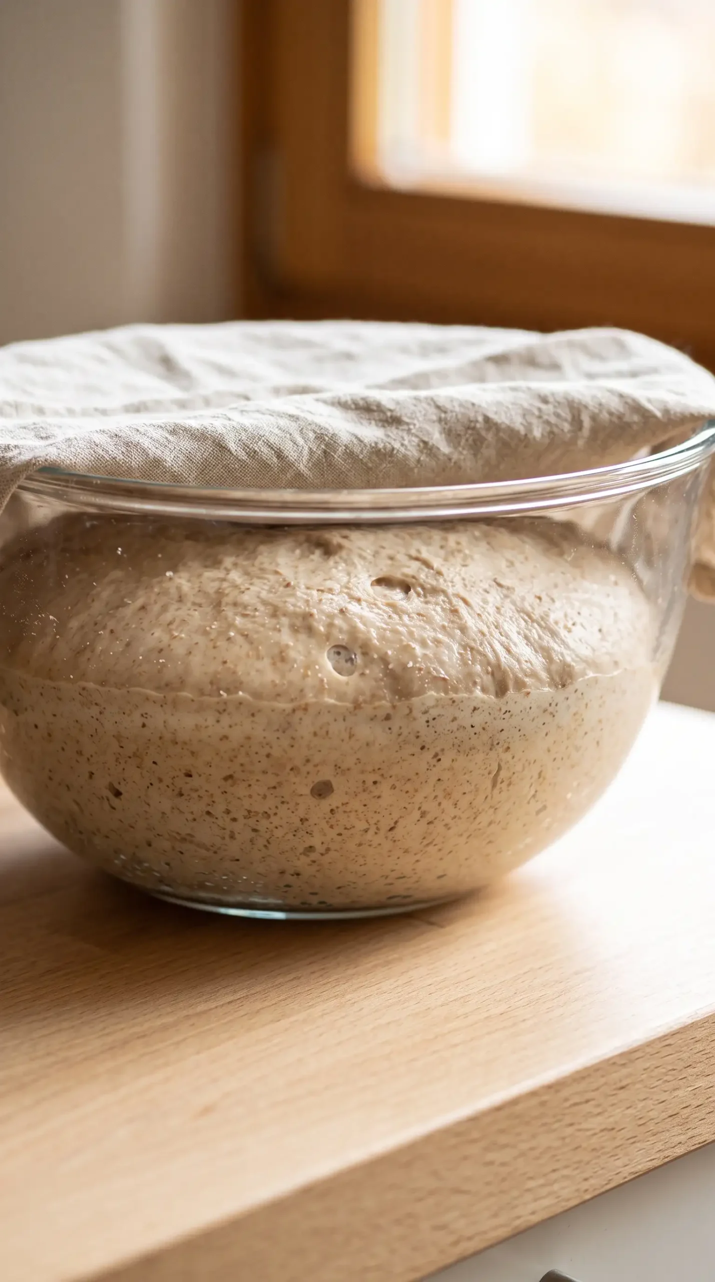 Whole wheat bread dough rising in a bowl during the fermentation stage