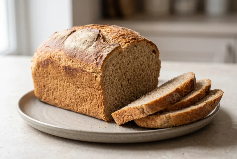 Whole wheat bread loaf with a golden crust and sliced crumb showing homemade texture